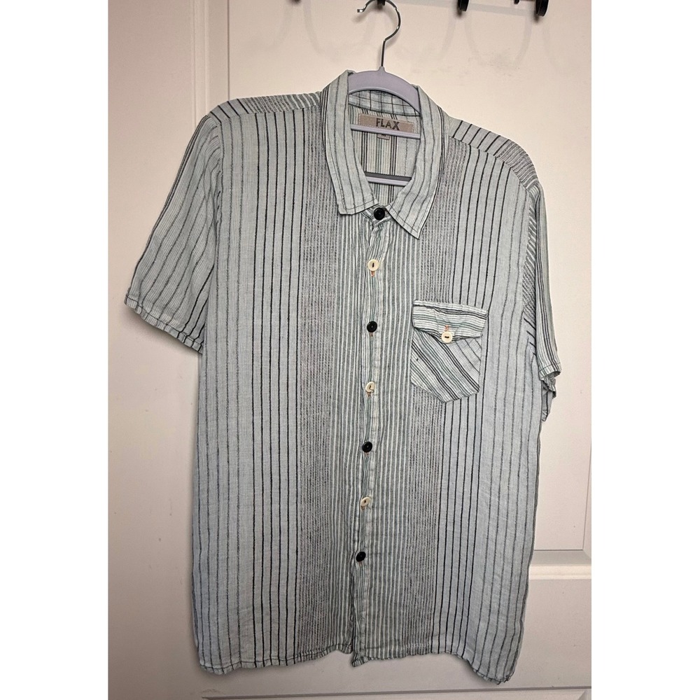 FLAX 100% Linen Sage Striped‎ Button Down Top M Coastal Capsule
